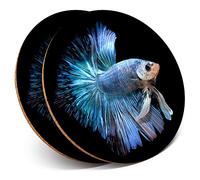 2 x Round Coasters - Fighter Fish Tropical Betta Fighting - Cork Backed Home Kitchen Accessory Tea Coffee Mug Mat #45017