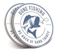 2 x Round Coasters - Gone Fishing Fish Fisherman Sign - Cork Backed Home Kitchen Accessory Tea Coffee Mug Mat #4300