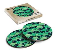2 x Round Coasters - Green Alien Heads UFO Aliens Space Cork Backed MDF Glossy Tea Coffee Accessory #170589