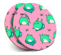 2 x Round Coasters - Green Kawaii Frog Pattern Pink Frogs - Cork Backed Home Kitchen Accessory Tea Coffee Mug Mat #45225