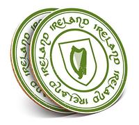 2 x Round Coasters - Ireland Flag Print Irish Harp Travel - Cork Backed Home Kitchen Accessory Tea Coffee Mug Mat #5391