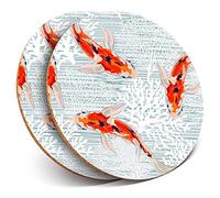 2 x Round Coasters - Koi Carp Pond Fish Japanese - Cork Backed Home Kitchen Accessory Tea Coffee Mug Mat #21765