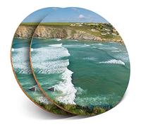 2 x Round Coasters - Mawgan Porth Cornish Beach - Cork Backed Home Kitchen Accessory Tea Coffee Mug Mat #45690