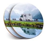 2 x Round Coasters - Motothome Caravan Norway Fjord - Cork Backed Home Kitchen Accessory Tea Coffee Mug Mat #16665