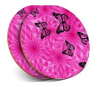 2 x Round Coasters - Pink Flowery Butterfly Print - Cork Backed Home Kitchen Accessory Tea Coffee Mug Mat #15604