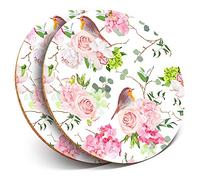 2 x Round Coasters - Pretty Robin Bird Pink Rose Flower - Cork Backed Home Kitchen Accessory Tea Coffee Mug Mat #15920