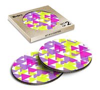 2 x Round Coasters - Purple Pink Yellow Green Triangles Cork Backed MDF Glossy Tea Coffee Accessory #53333