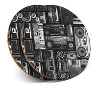 2 x Round Coasters - Radios Cassette Player Retro Music - Cork Backed Home Kitchen Accessory Tea Coffee Mug Mat #36180