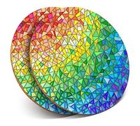 2 x Round Coasters - Rainbow Stained Glass Art - Cork Backed Home Kitchen Accessory Tea Coffee Mug Mat #3023