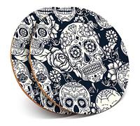 2 x Round Coasters - Sugar Skulls Pattern Mexican Mexico - Cork Backed Home Kitchen Accessory Tea Coffee Mug Mat #8524