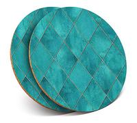 2 x Round Coasters - Teal Blue Geometric Tiles - Cork Backed Home Kitchen Accessory Tea Coffee Mug Mat #2527
