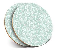 2 x Round Coasters - Teal White Shabby Chic Floral Pattern - Cork Backed Home Kitchen Accessory Tea Coffee Mug Mat #16902