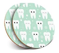 2 x Round Coasters - Teeth Pattern Dentist Dental Nurse - Cork Backed Home Kitchen Accessory Tea Coffee Mug Mat #14414