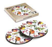2 x Round Coasters - Winter Garden Birds in Hats & Scarves Christmas Cork Backed MDF Glossy Tea Coffee Accessory #170927