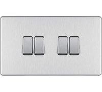 2 x Screwless Flat Plate Four Light Switch, Brushed Steel, 2-Way, 10AX