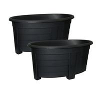 2 x Simpa® Ebony/Black Oval Plastic Garden Planter Indoor & Outdoor Flower / Plant Pot - 55cm diameter - DIY Drainage Holes.