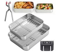 2 x Square Casserole Dish Airfyer, Stainless Steel Brownie Baking Mould with Drip Rack and Heat Insulation Clip, Perfect for Lasagna Brownie Cakes, Non-Toxic Hot Air Fryer Baking Mould for Ninja