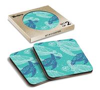 2 x Square Coasters - Aqua Teal Turtles Swimming Turtle Cork Backed MDF Glossy Tea Coffee Accessory #170390