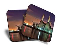 2 x Square Coasters - Battersea Power Station at Night Cork Backed Home Kitchen Accessory Tea Coffee Mug Mat #44232