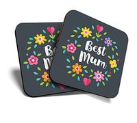 2 x Square Coasters - Best Mum Flowery Pattern Mothers Day Cork Backed Home Kitchen Accessory Tea Coffee Mug Mat #44274