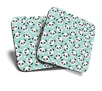 2 x Square Coasters - Cartoon Panda Bear Faces Teal Pattern Cork Backed Home Kitchen Accessory Tea Coffee Mug Mat #44532