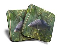 2 x Square Coasters - Freshwater Carp Fish Pond Fishing Cork Backed Home Kitchen Accessory Tea Coffee Mug Mat #45078