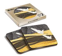 2 x Square Coasters - Gold Flying Crane Bird Japanese Art Cork Backed MDF Glossy Tea Coffee Accessory #51036