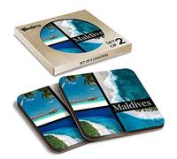 2 x Square Coasters - Maldives Tropical Island Beach Sea Cork Backed MDF Glossy Tea Coffee Accessory #63193