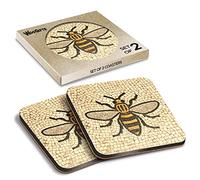 2 x Square Coasters - Manchester Bee Mosaic Pattern Cork Backed MDF Glossy Tea Coffee Accessory #51408