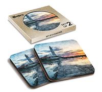 2 x Square Coasters - St Mary's Island Lighthouse Bay Art Cork Backed MDF Glossy Tea Coffee Accessory #52125