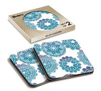 2 x Square Coasters - Teal Mandala Pattern Ethnic Boho Vintage Cork Backed MDF Glossy Tea Coffee Accessory #170353