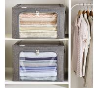 2 X Stackable Foldaway Grey Storage Boxes - Sturdy Clothes Organiser Box With Zipped Front & Viewing Window - 33 X 50 X 40Cm