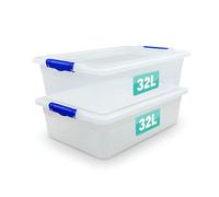 2 x Storage Boxes With Clip Lock Lids 32 Litre Underbed Sturdy Heavy Duty Clear Stackable Lockable Multipurpose Plastic Storage Box Indoor/Outdoor Containers Home,Office,Kitchen,Garage