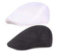 2 x Summer Hat Men's Beret Cap Summer Breathable Mesh Newsboy Gatsby Beret Cap for Men and Women Unisex Flat Cap Driving Flat Cap Sports Hat Sun Hat Flat Cap Size 55 cm - 58 cm, Black+white, 58