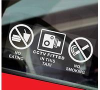 2 x T34 Stickers No Eating Drinking Smoking CCTV Fitted in This Taxi Window Signs Internal Reverse White On Clear Decals Minicab Minibus Cab Notice Private Hire Labels 120x50mm