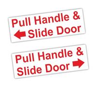2 x T46E Pull Handle and Slide Door to Open Stickers Set of 2 Decals Red On White Taxi Signs Left and Right Arrows Hackney Mini Cab Minicab Safety 150x50mm Labels