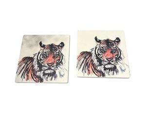 2 x TIGER STONE COASTERS | Stone Coasters | Animal novelty gift | Coaster for glass, mugs and cups| Square coaster for drinks | Tiger gift | Meg Hawkins art | 10cm x 10cm