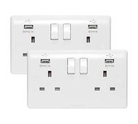 2 x USB Double Wall Plug Socket 2 Gang 13A with 2 USB Charger Port Outlets White Socket Plate