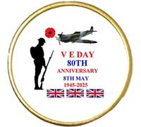 2 x V E Day 80th Anniversary Soldier Military Remember Round Gold Colour Badges And Velveteen Bag