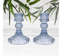 2 x Vintage Blue Glass Harlequin Dinner Candle Candlestick Holders
