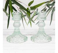 2 x Vintage Green Glass Harlequin Dinner Candle Candlestick Holders
