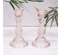 2 x Vintage Pink Twisted Glass Dinner Candle Candlestick Holder Set