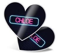 2 x Vinyl Stickers 15 cm - Heart Shape Neon Sign Design Chloe Name Art Print Decal Laptop Tablet Luggage Car Wall Fridge Door Sticker #352866