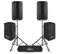 2 x Vonyx VD712A 12" Active PA Speaker System with Live-In Covers, Stands & Bluetooth - Complete DJ Gear Kit for Bands, Events, Schools, TWS, 800W Bi-Amp Powered Pair, PA Speaker Covers