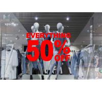2 x wall window display sale sticker - everything 50 percent off - red cut off - self adhesive weather proof vinyl sticker label - size - 450mm x 280mm