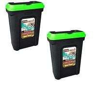 2 XPET FOOD STORAGE CONTAINER BLACK. HOLDS 15.5KG. GREEN LID. RUBBER SEAL.