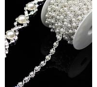 2 Yard Pearl Rhinestone Trim Chain Silver String Crystal Applique Fringe Ribbon Strips Beads Sewing Dress DIY Party Wedding Bouquet for Decoration Bridal Costume Embellishment