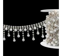 2 Yard Rhinestone Trim Chain, Silver Pearl Crystal Beads String Diamante Ribbon Bling Strips Sewing Fringe Tassel Sewing for DIY Party Wedding Bouquet Dress Decoration Bridal Costume Embellishment