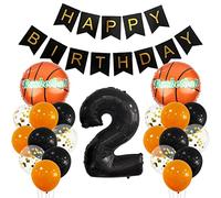 2 Year Kids Birthday Decoration Set Happy Birthday Banner Large Basketball Balloon Decorations Number 2 Foil Balloon Orange Black Balloon for Kids Basketball Theme Party Birthday Decoration