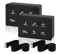 2 Yoga Block and Yoga Strap Set, High Density EVA Foam Blocks, Non-slip Yogas Bricks with 6ft Strap, Supportive Latex-Free Yogas Blocks Kit to Improve Balance(9×6×3") (Black)